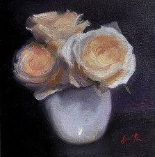 Original oil painting garden roses in ginger pot. Floral still life.