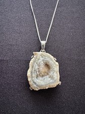 Rough Geode Slice Agate Pendant Long 925 Silver Setting & Chain Necklace