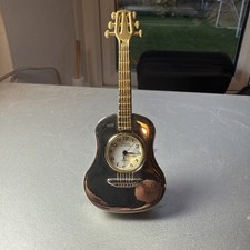 Gold plated Guitar Miniature Clock In Good Working Order & New Battery 9.5cm