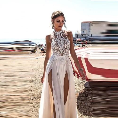 Backless halter neck lace high - halter,