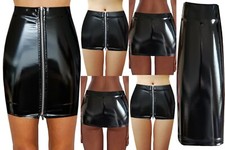 NEW WOMEN MIX LENGTH BLACK VINYL PVC WET LOOK FULL MIDDLE ZIP SEXY MINI SKIRT 