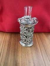 1900s VINTAGE PIERCED SILVER PERFUME BOTTLE HOLDER & bottle 