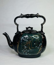 Antique Black Glazed Earthenware Victorian Jackfield Kettle Style Teapot