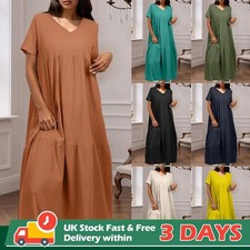 Women Summer Short Sleeve V-Neck Maxi Dress Casual Loose Kaftan Swing Long Dress