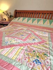 Beautiful King Size Patchwork Quilt Floral pattern - pink, green, yellow