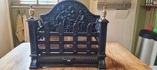 Cast Iron Fire Basket Dog Grate, Decorative Back Panel, Brass Finials, Ash Guard