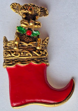 Butler & Wilson Brooch Dog in Stocking Metal / Enamel Stamped Boxed