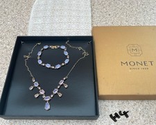 Vintage Monet Opaque Pink Tennis Bracelet & Necklace Gold Tone