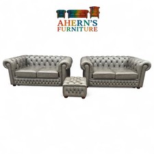 Saxon Grey Leather Chesterfield 3-Piece Suite