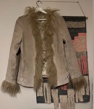 90s vintage Afghan Coat Vintage 12 Jacket real Mongolian fur beige suede 