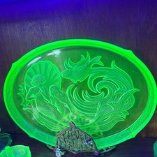 Art Deco Walther Sohne Mermaid Nymphen Uranium Glass Dressing Table Set Plate 