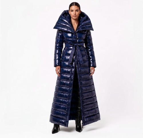 Shiny navy blue maxi puffer - navy,