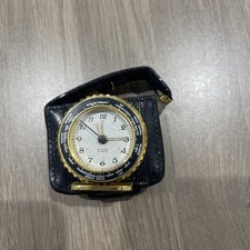 Travel Alarm Clock Quartz Folding Analog Zip Leather Case Black Boxed Unbranded