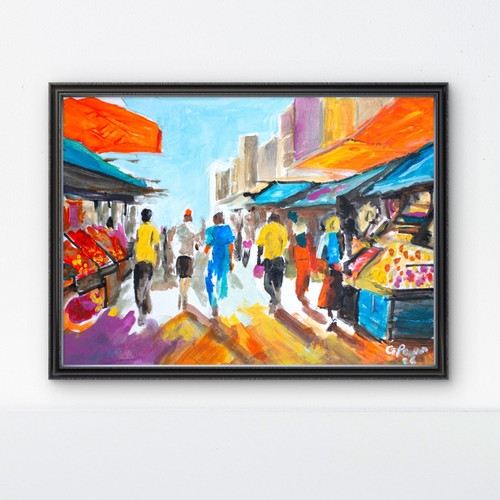 Market scene painting original - market,