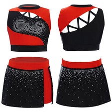 UK Girls Cheerleading Uniform Shiny Crop Top with Skirt Set Cheer Fancy Dress