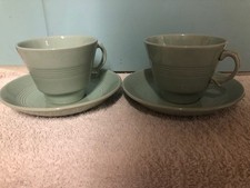 Woods Ware vintage Beryl Tea Cup & Saucer x 2  1940s Utility Green Ribbed