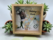 Wooden Money Box Frame Glass Coins Notes Savings Piggy Bank Ceramic Travel Fund