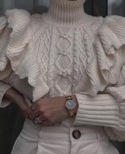 ZARA S-M rare Ecru/Cream Warm Ruffled Cable Knit Balloon Sleeve High Neck Jumper