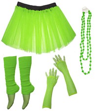 Neon UV Tutu Set Skirt Gloves Leg Warmers Beads Womens 80s Fancy Dress Costume