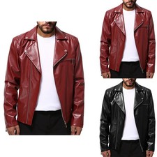 Men Slim Fit PU Leather Jacket Lapel Collar Long Sleeve Punk Motorcycle Wear