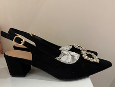 Womens Shoes Size UK 5 Black Heeled Diamante Buckle Slingback Party Occasion