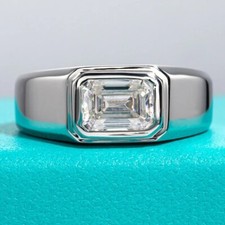 2.20 TCW Emerald Moissanite Men's Bezel Engagement Ring In 14k White Gold Plated