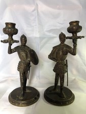 Pair Of Antique Brass Knight Candlesticks  - Medieval Style Figures, Heavy Cast