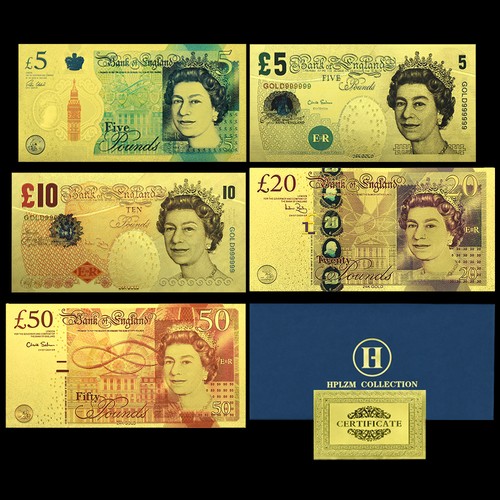 5pc gold foil banknotes 5 - uk, £5