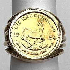 Krugerrand 1984 Gold 1/10 oz. Coin 14kp Solid Yellow Gold Ring Size 6.75, 10g