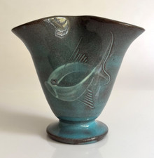 Small Blue Studio Pottery Decorative Vase With Fish Design Hand Glazed