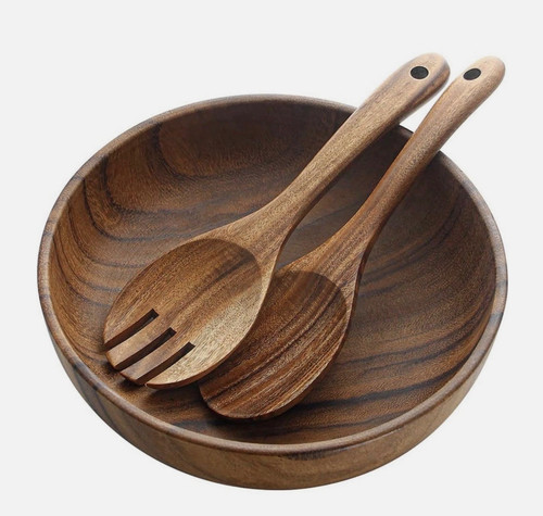 Wooden salad bowl with spoon - salad,