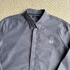 Fred Perry Shirt Mens Large Button Up Long Sleeve Grey/Blue Mod 60s Classic