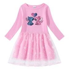 Kids Girls Stitch Stars Tulle Princess Party Fancy Tutu Dress Long Sleeve Dress.