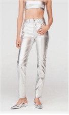 Zara Steven Meisel Metallic Silver  Sheep Leather Mid Rise Trousers Jeans 36 UK8