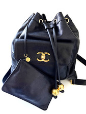 Authentic Vintage CHANEL Black Leather Caviar-Skin Gold Chain Bucket String Bag