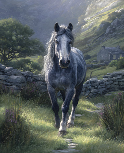 Blue roan horse walking - horse,