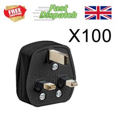 13a amp 3 three pin UK mains plugs black rewireable FUSED X 100 (bag of 100)