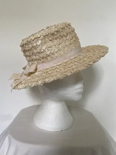 Vintage 1960s Gene Doris hat New York cream raffia woven tilt saucer boater #VA