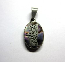 Vintage Mexican Alpaca Silver & Abelone Shell OWL PENDANT