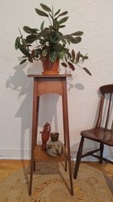 Tall Antique Arts & Crafts Light Oak Plant Stand - Two Tier - Slender Legs - 36"