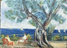 Summer Landscape Monaco, Original Antique Oil on Painting Hardboard, Signed