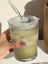 Vertical Striped Glass Cup Iced Coffee Matcha Mug Lid & Straw Travel Home 450ml