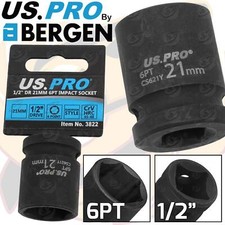 US PRO 21mm Shallow Impact Socket 1/2" Drive 21mm 6 Point Single Hex Impact CR-V