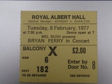 Bryan Ferry (Roxy Music). Original Royal Albert Hall concert ticket.  Feb 1977