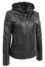 Womens Genuine Black Leather Hoody Zipped Biker Style Jacket With Removable Hood