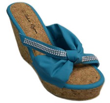 Womens Cork Wedge Sandals Turquoise Teal Open Toe Slide Beaded Shoes