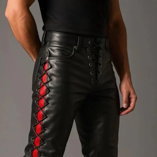 Men black leather pants - leather,