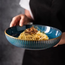 CSYY 2 Pcs Large Pasta Bowls 1000ml 21cm Deep Porcelain Plates Set Blue Colour