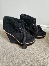 Womens Mulberry Black Shearling Wedge Booties Size UK 6