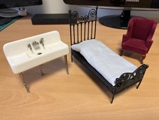 Dolls House Miniature Furniture Scullery Ceramic Sink Metal Bed Armchair